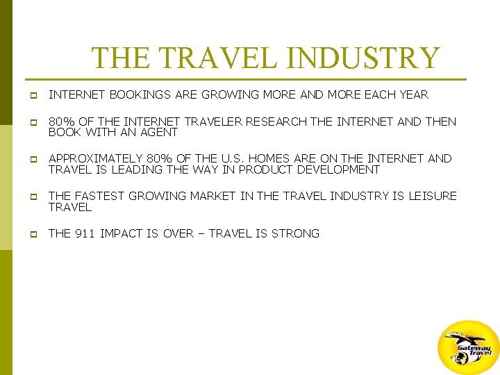 THE TRAVEL INDUSTRY p INTERNET BOOKINGS ARE GROWING MORE AND MORE EACH YEAR p