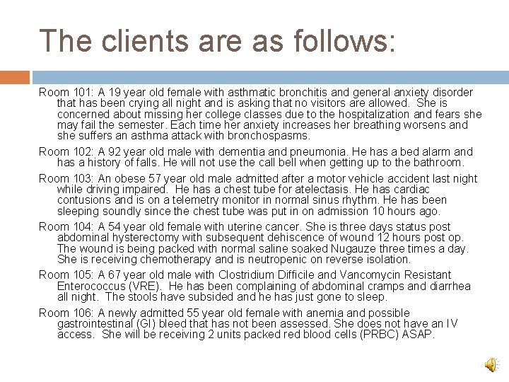 The clients are as follows: Room 101: A 19 year old female with asthmatic