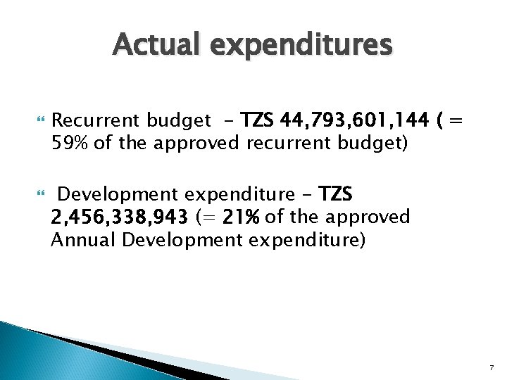 Actual expenditures Recurrent budget - TZS 44, 793, 601, 144 ( = 59% of