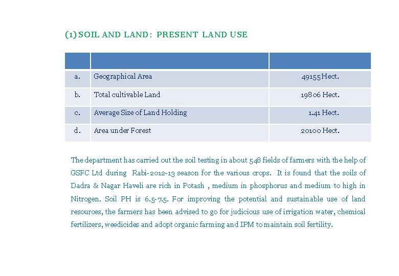 (1) SOIL AND LAND: PRESENT LAND USE a. Geographical Area 49155 Hect. b. Total