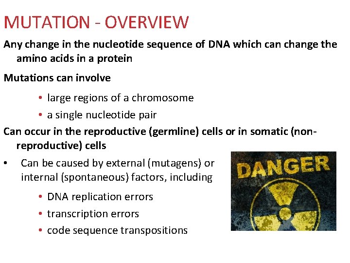 MUTATION - OVERVIEW Any change in the nucleotide sequence of DNA which can change