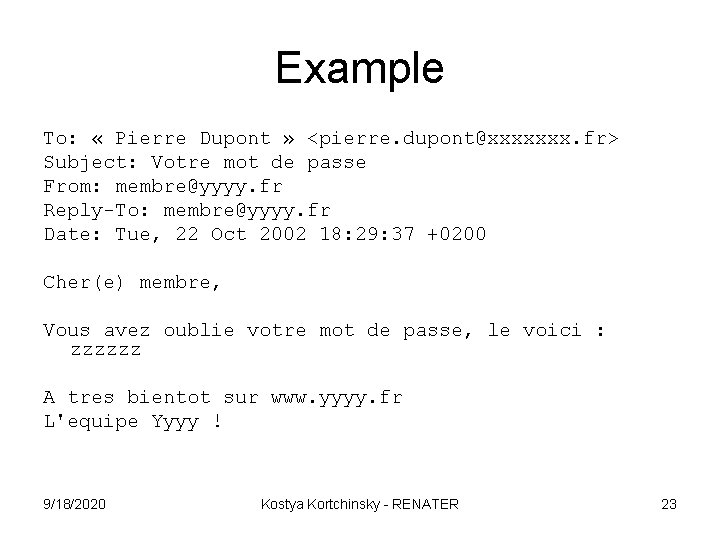 Example To: « Pierre Dupont » <pierre. dupont@xxxxxxx. fr> Subject: Votre mot de passe