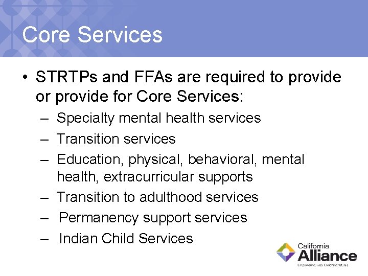 Core Services • STRTPs and FFAs are required to provide or provide for Core