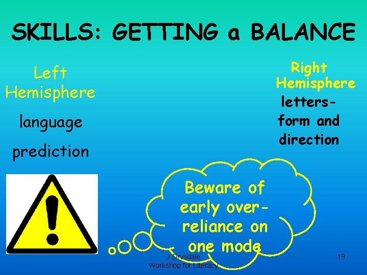 SKILLS: GETTING a BALANCE Right Hemisphere lettersform and direction Left Hemisphere language prediction Beware SKILLS: GETTING a BALANCE Right Hemisphere lettersform and direction Left Hemisphere language prediction Beware