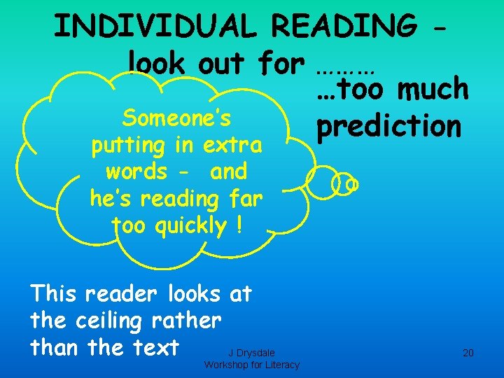INDIVIDUAL READING look out for ……… …too much Someone’s prediction putting in extra words INDIVIDUAL READING look out for ……… …too much Someone’s prediction putting in extra words