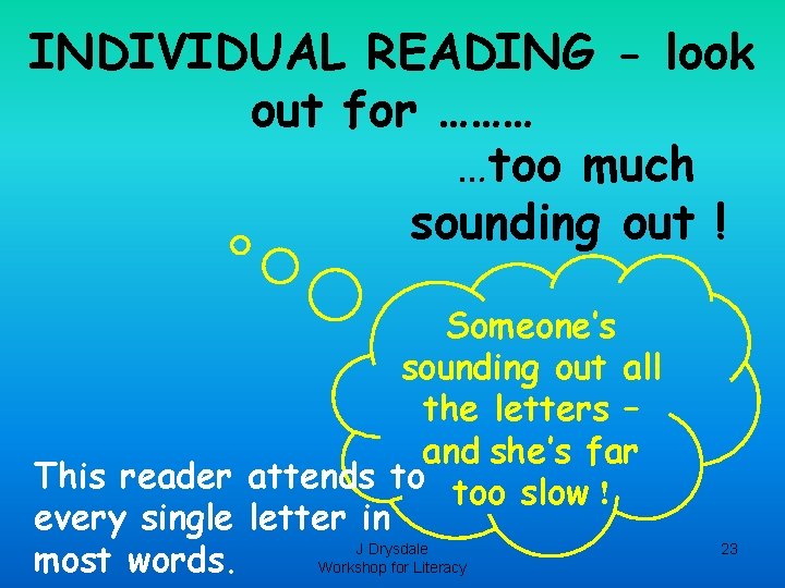 INDIVIDUAL READING - look out for ……… …too much sounding out ! Someone’s sounding INDIVIDUAL READING - look out for ……… …too much sounding out ! Someone’s sounding