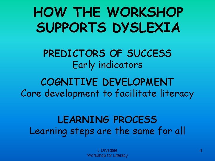 HOW THE WORKSHOP SUPPORTS DYSLEXIA PREDICTORS OF SUCCESS Early indicators COGNITIVE DEVELOPMENT Core development HOW THE WORKSHOP SUPPORTS DYSLEXIA PREDICTORS OF SUCCESS Early indicators COGNITIVE DEVELOPMENT Core development