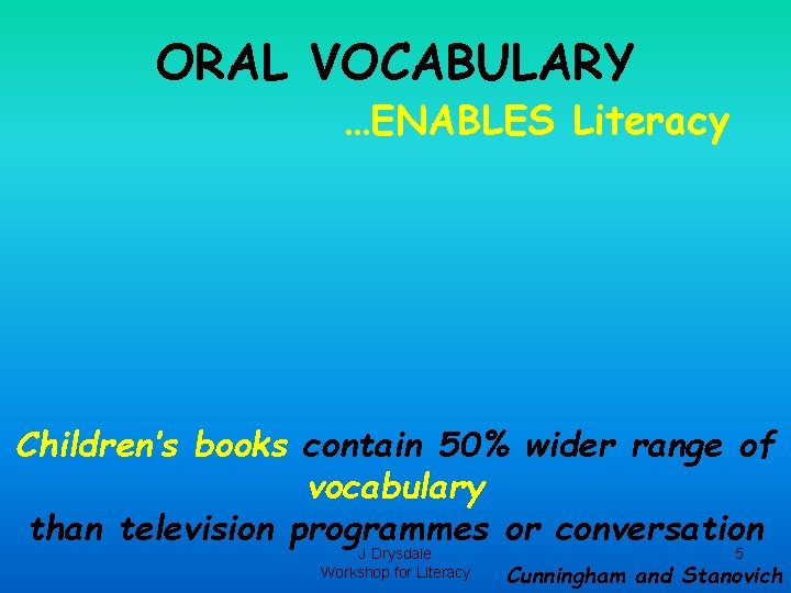 ORAL VOCABULARY …ENABLES Literacy Children’s books contain 50% wider range of vocabulary than television ORAL VOCABULARY …ENABLES Literacy Children’s books contain 50% wider range of vocabulary than television