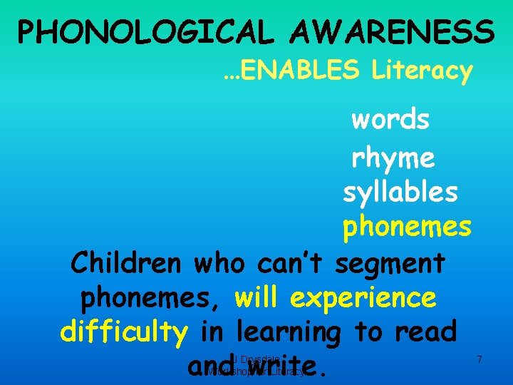 PHONOLOGICAL AWARENESS …ENABLES Literacy words rhyme syllables phonemes Children who can’t segment phonemes, will PHONOLOGICAL AWARENESS …ENABLES Literacy words rhyme syllables phonemes Children who can’t segment phonemes, will