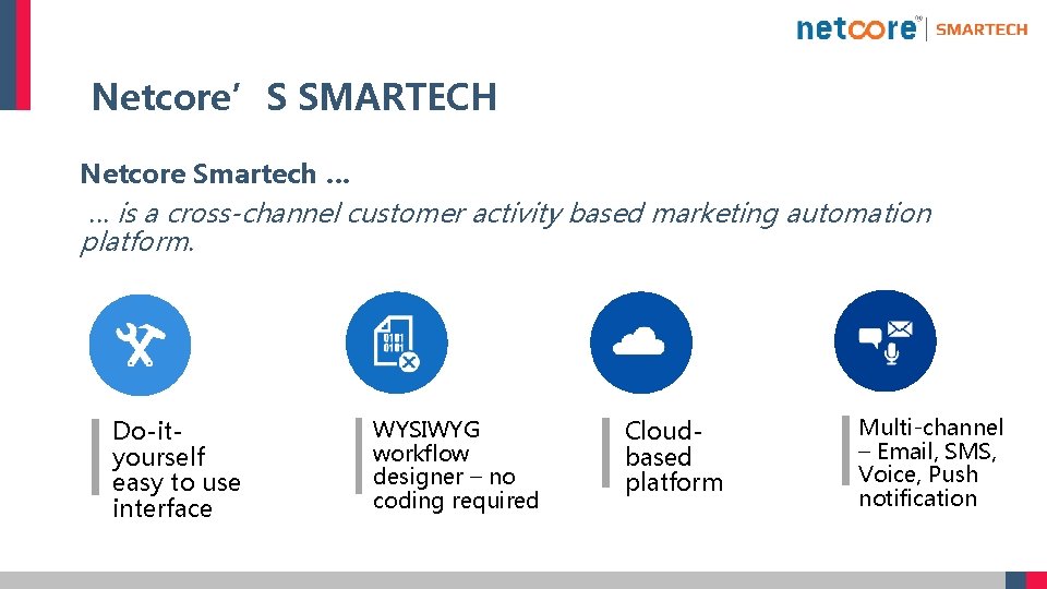 Netcore’S SMARTECH Netcore Smartech … … is a cross-channel customer activity based marketing automation