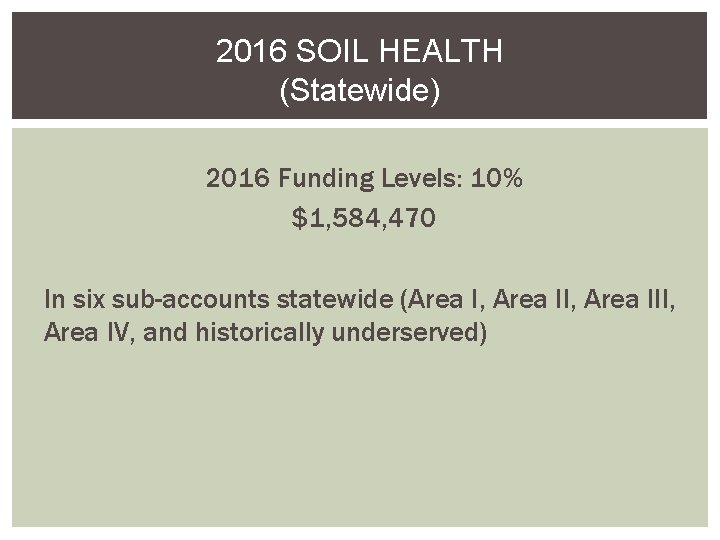 2016 SOIL HEALTH (Statewide) 2016 Funding Levels: 10% $1, 584, 470 In six sub-accounts