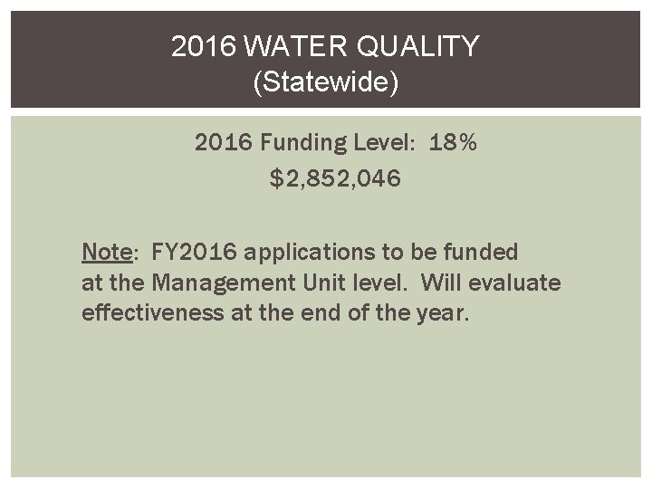 2016 WATER QUALITY (Statewide) 2016 Funding Level: 18% $2, 852, 046 Note: FY 2016