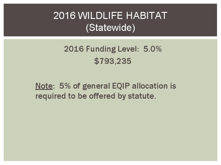 2016 WILDLIFE HABITAT (Statewide) 2016 Funding Level: 5. 0% $793, 235 Note: 5% of