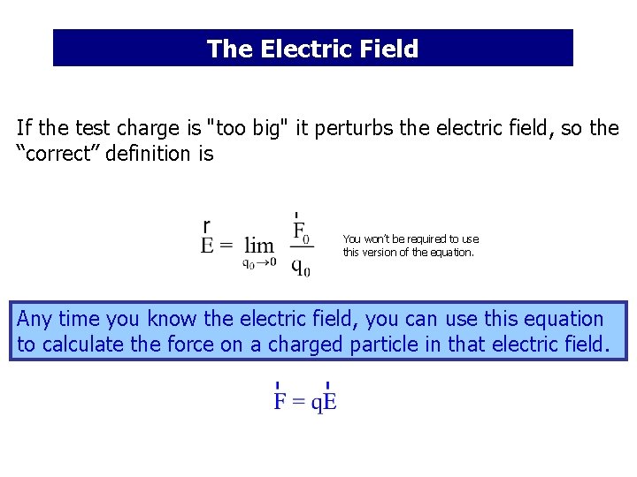 The Electric Field If the test charge is "too big" it perturbs the electric