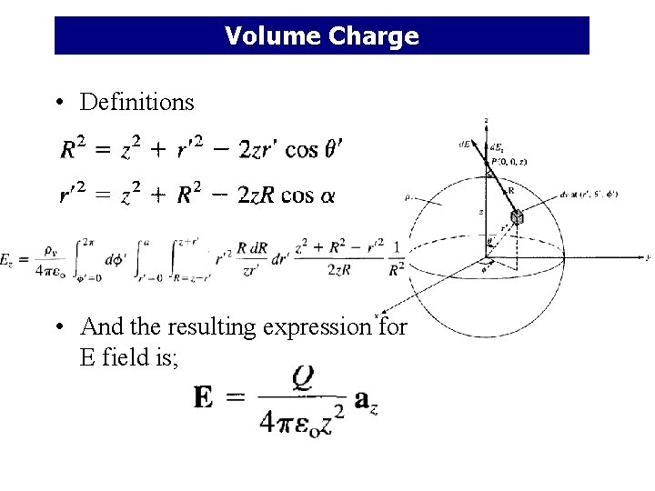 Volume Charge • Definitions • And the resulting expression for E field is; 