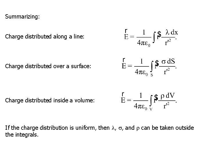 Summarizing: Charge distributed along a line: Charge distributed over a surface: Charge distributed inside