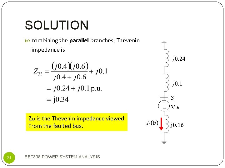 SOLUTION combining the parallel branches, Thevenin impedance is j 0. 24 j 0. 1