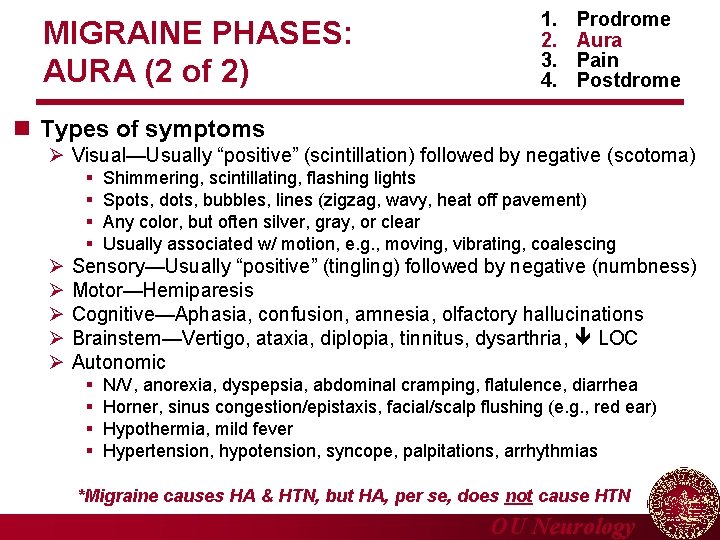 MIGRAINE PHASES: AURA (2 of 2) 1. 2. 3. 4. Prodrome Aura Pain Postdrome