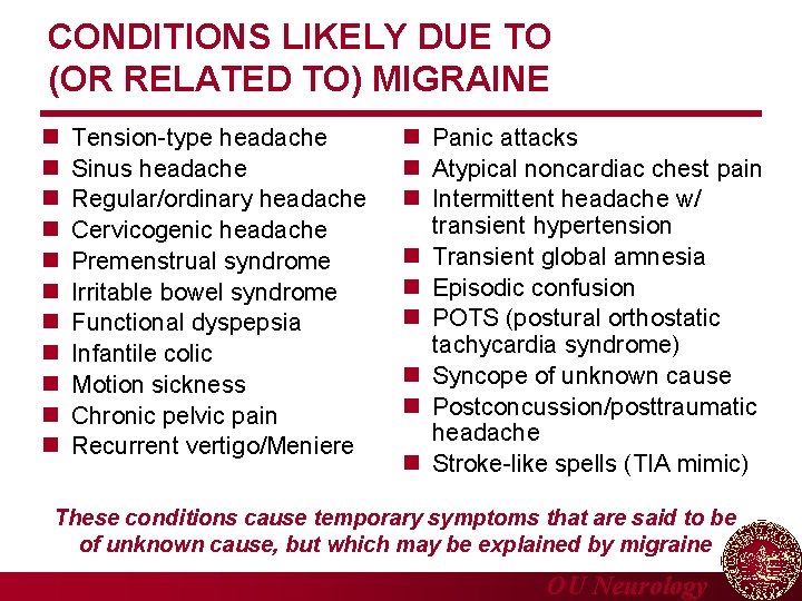 CONDITIONS LIKELY DUE TO (OR RELATED TO) MIGRAINE n n n Tension-type headache Sinus