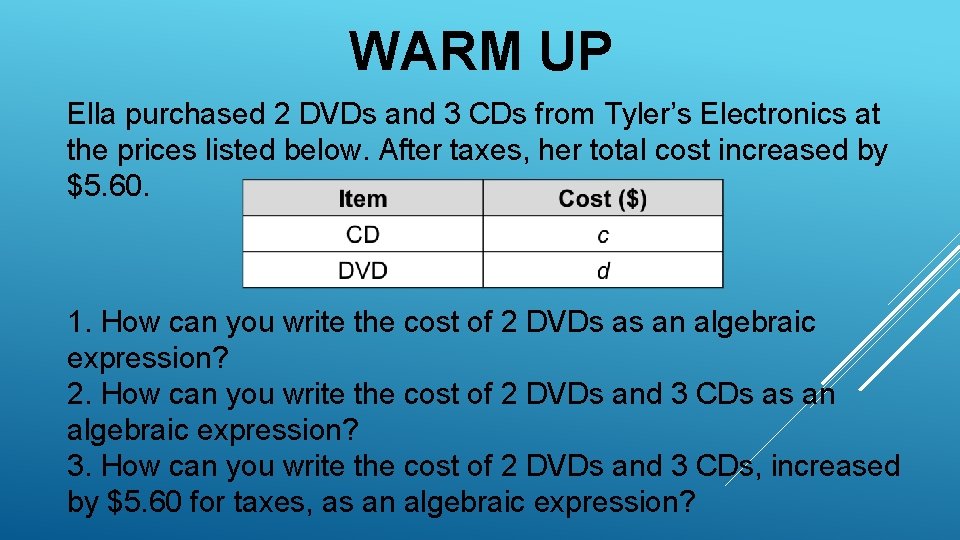 WARM UP Ella purchased 2 DVDs and 3 CDs from Tyler’s Electronics at the