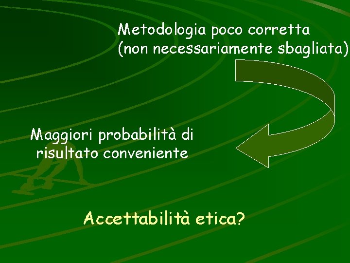 Metodologia poco corretta (non necessariamente sbagliata) Maggiori probabilità di risultato conveniente Accettabilità etica? 