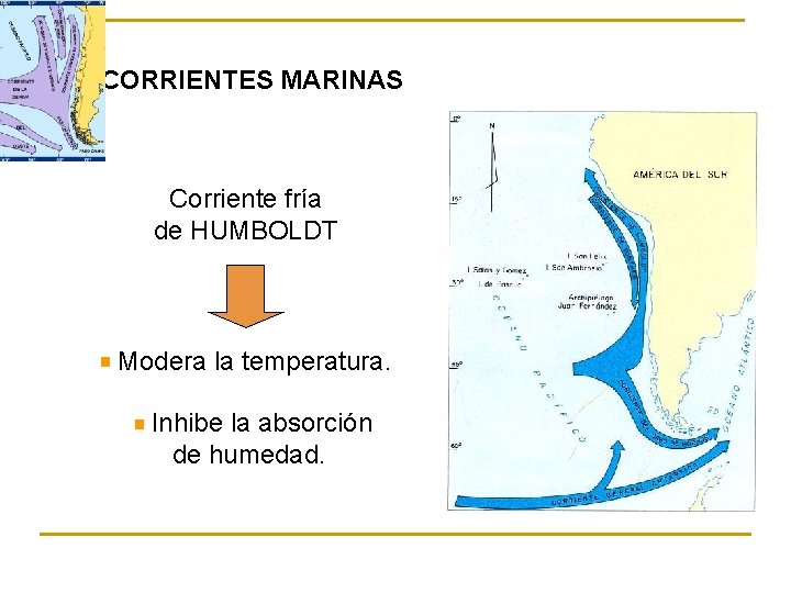 CORRIENTES MARINAS Corriente fría de HUMBOLDT Modera la temperatura. Inhibe la absorción de humedad.