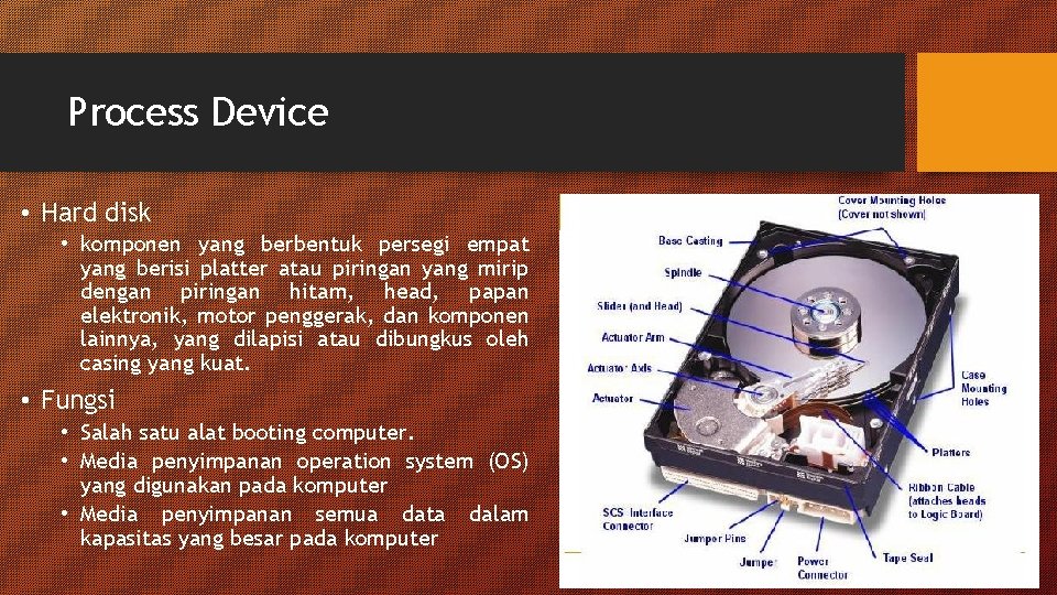 Process Device • Hard disk • komponen yang berbentuk persegi empat yang berisi platter Process Device • Hard disk • komponen yang berbentuk persegi empat yang berisi platter