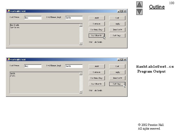 Outline 100 Hashtable. Test. cs Program Output 2002 Prentice Hall. All rights reserved. 