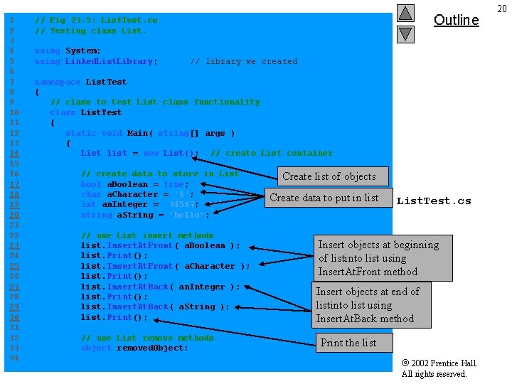 Outline 1 // Fig 23. 5: List. Test. cs 2 // Testing class List.