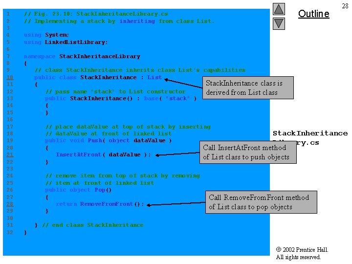 Outline 28 1 // Fig. 23. 10: Stack. Inheritance. Library. cs 2 // Implementing