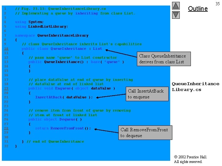 Outline 35 1 // Fig. 23. 13: Queue. Inheritance. Library. cs 2 // Implementing