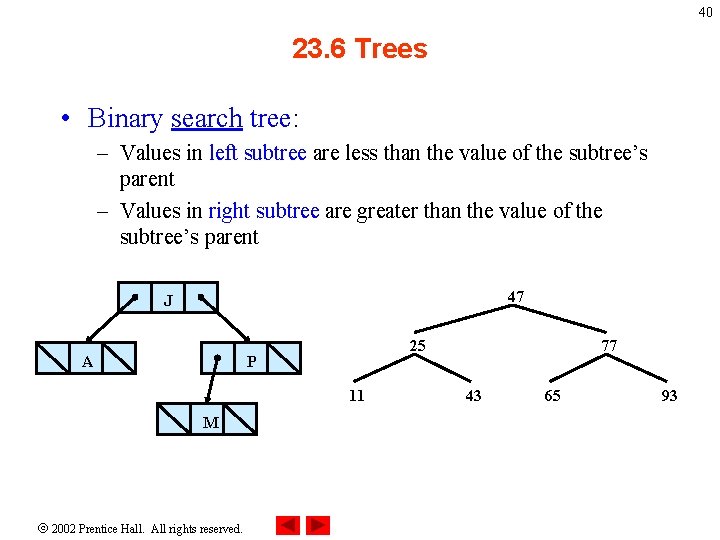 40 23. 6 Trees • Binary search tree: – Values in left subtree are