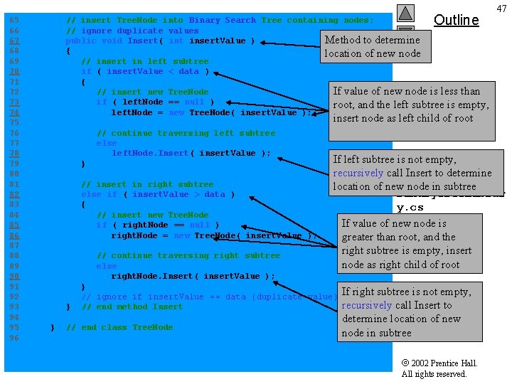 Outline 47 65 // insert Tree. Node into Binary Search Tree containing nodes; 66