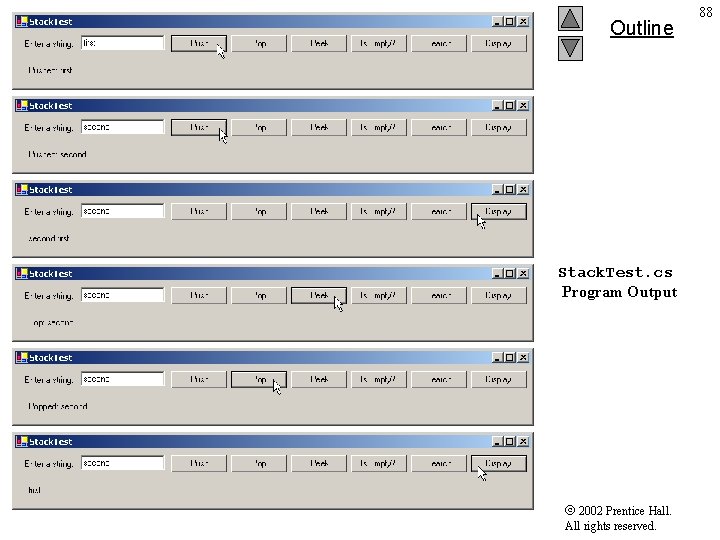 Outline Stack. Test. cs Program Output 2002 Prentice Hall. All rights reserved. 88 