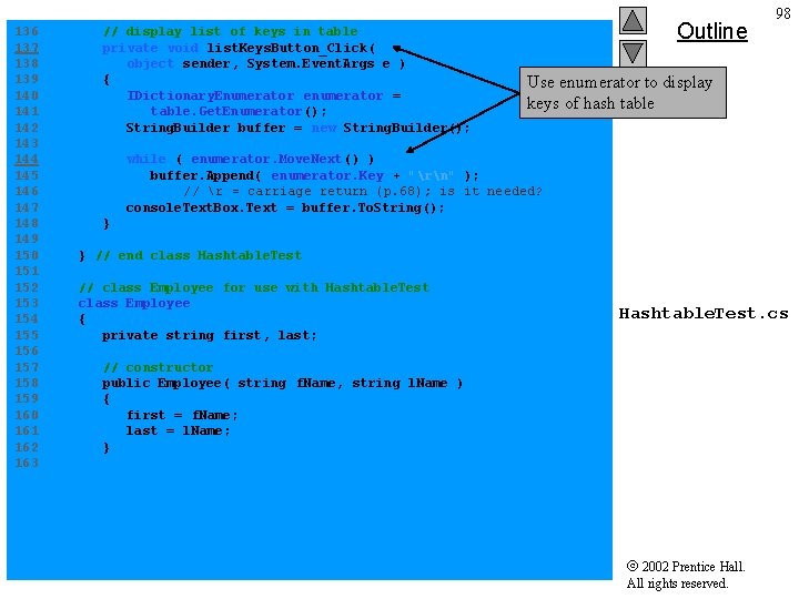 Outline 98 136 // display list of keys in table 137 private void list.