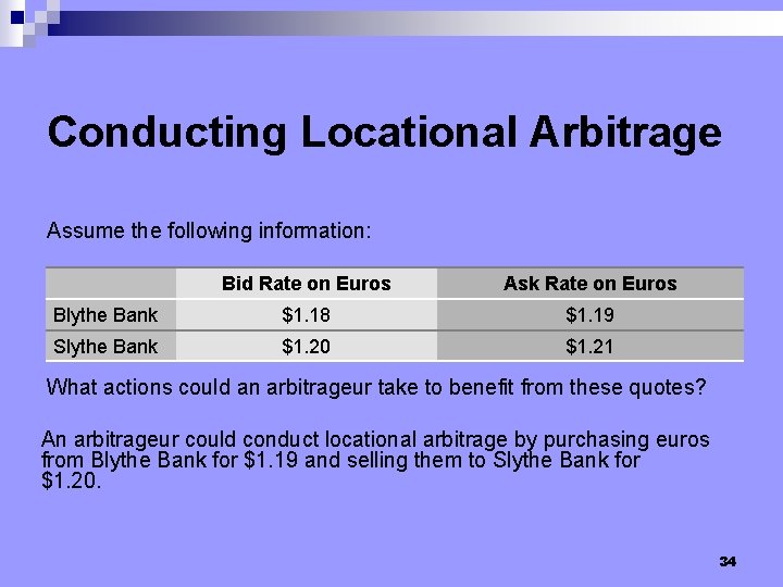 Conducting Locational Arbitrage Assume the following information: Bid Rate on Euros Ask Rate on