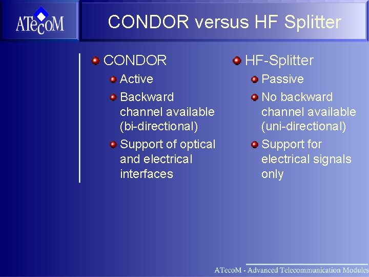 CONDOR versus HF Splitter CONDOR Active Backward channel available (bi-directional) Support of optical and