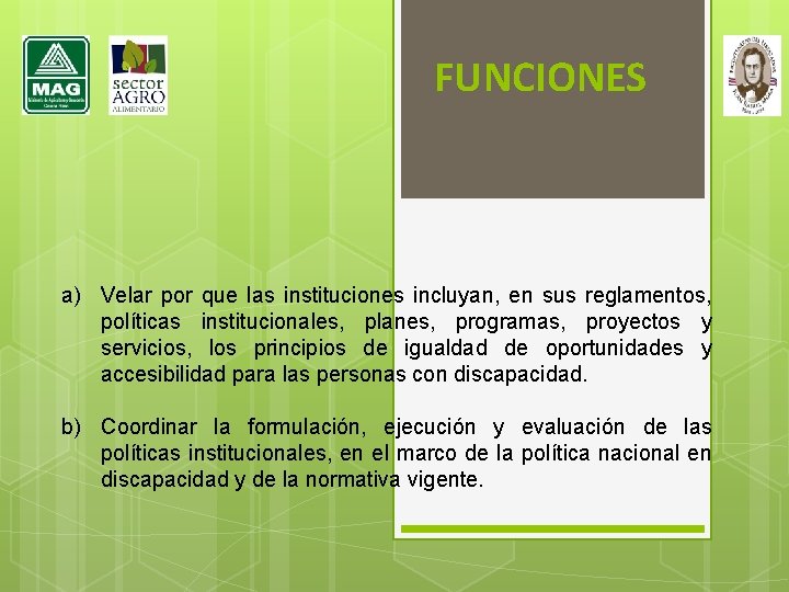 FUNCIONES a) Velar por que las instituciones incluyan, en sus reglamentos, políticas institucionales, planes,