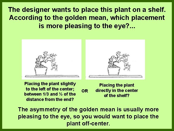 The designer wants to place this plant on a shelf. According to the golden