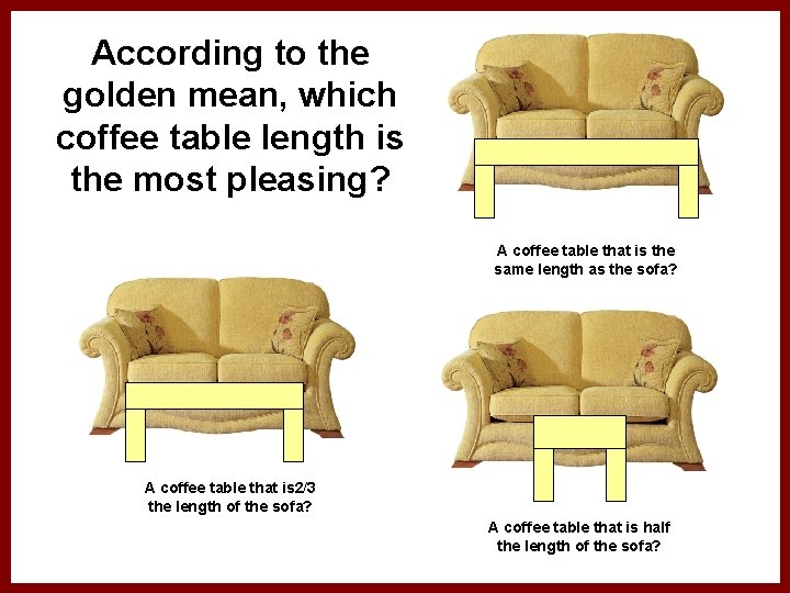 According to the golden mean, which coffee table length is the most pleasing? A
