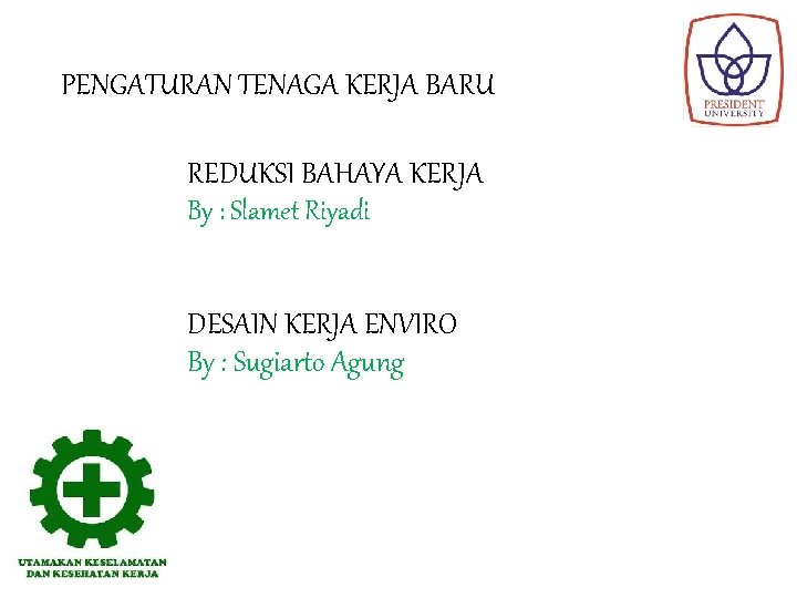 PENGATURAN TENAGA KERJA BARU REDUKSI BAHAYA KERJA By : Slamet Riyadi DESAIN KERJA ENVIRO