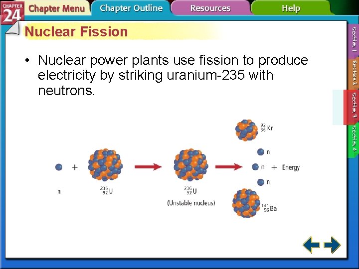 Nuclear Fission • Nuclear power plants use fission to produce electricity by striking uranium-235