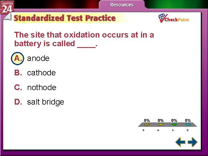 The site that oxidation occurs at in a battery is called ____. A. anode