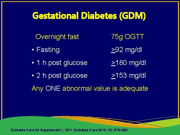 Gestational Diabetes (GDM) Overnight fast 75 g OGTT • Fasting >92 mg/dl • 1