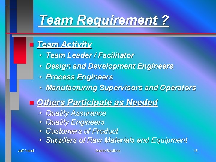Team Requirement ? n Team Activity • • n Others Participate as Needed •