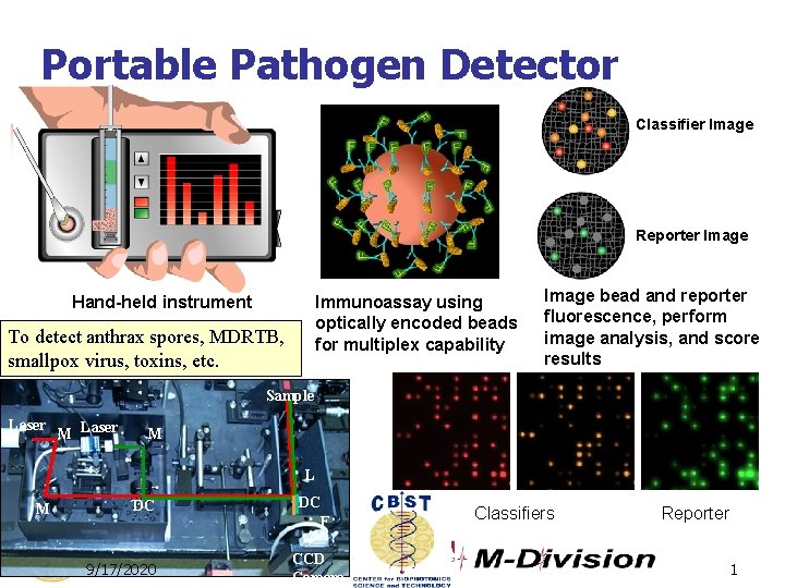 Portable Pathogen Detector Classifier Image Reporter Image Hand-held instrument Immunoassay using optically encoded beads