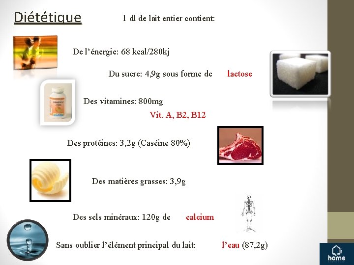 Diététique 1 dl de lait entier contient: De l’énergie: 68 kcal/280 kj Du sucre: