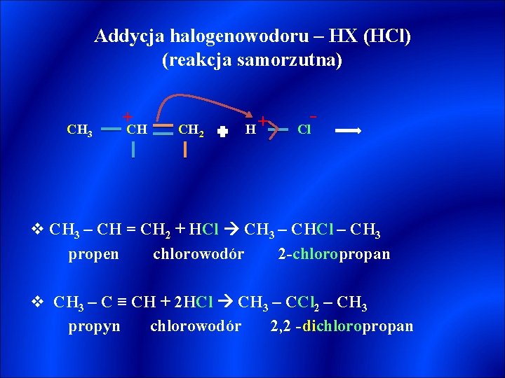Addycja halogenowodoru – HX (HCl) (reakcja samorzutna) CH 3 + CH CH 2 H+
