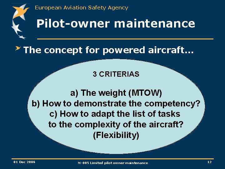 European Aviation Safety Agency Pilot-owner maintenance The concept for powered aircraft… 3 CRITERIAS a)