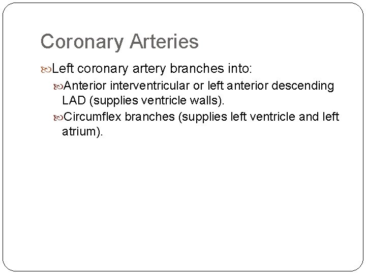 Coronary Arteries Left coronary artery branches into: Anterior interventricular or left anterior descending LAD